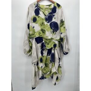 Bodil Linen V Neck Asymmetrical Tie Dye Pattern Blue Green Midi Dress Size L